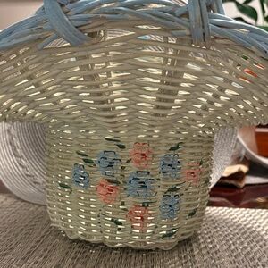 Vintage Floral Woven Basket with Blue Accents